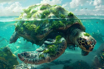 Imagine a giant sea turtle the size of an island - obrazy, fototapety, plakaty