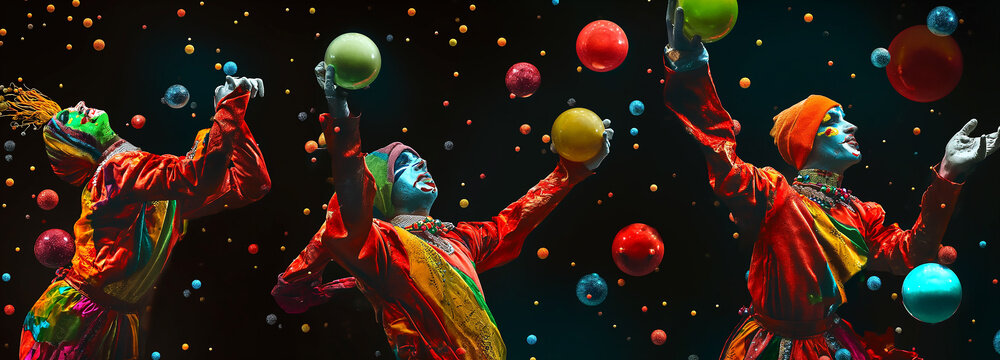 Clowns playing with colorful balls