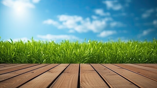 Empty wooden plank with fresh green grass and beautiful blue sky and clouds.