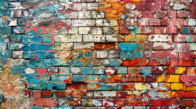 Full frame image of old painted of multifcolor brick wall for wallpaper or background