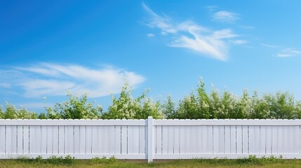 White wooden fence with green bushes on a clear blue sky as background.