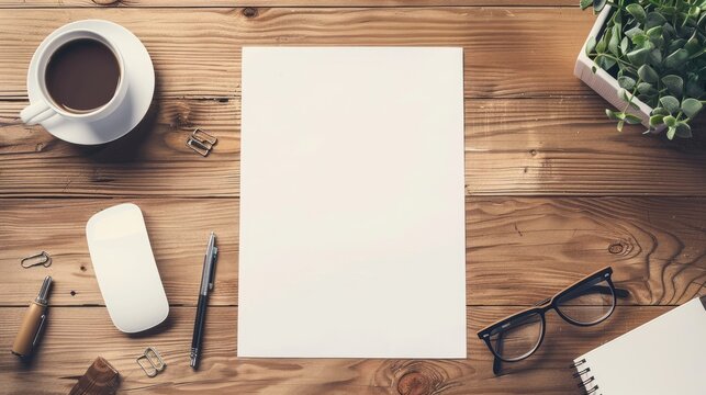 Top view of blank white paper on wooden table, stationery and coffee mug.