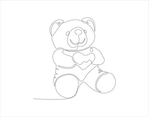 Continuous Line Drawing Of Teddy Bear. One Line Of Teddy Bear. Doll Continuous Line Art. Editable Outline.