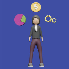 Business icons are floating above head concept. Realistic 3d object cartoon style.