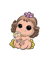 
little baby smiling sitting with curly hair with doll on her lap
