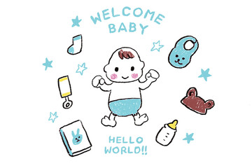 ベビー　イラスト　ベビー用品　手書き　ブルー