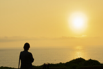 silhouette of lady standing looking at the horizon on the beach