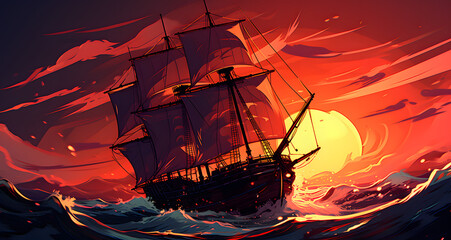 an image of a ship in a sunset with a cloud