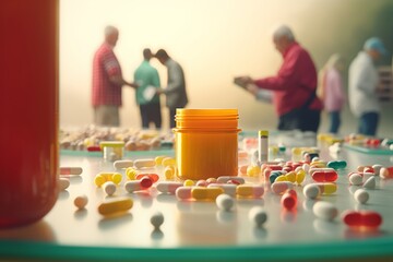 Pharmaceutical pills on floor. Prescription opioids, with bottle of many pills on the table. Concept of addiction, opioid crisis, overdose and medicine shopping. Generative AI. - obrazy, fototapety, plakaty