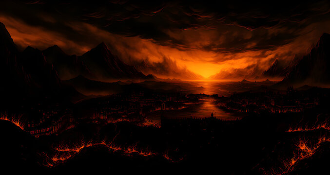 the image is an art work depicting mountains and lava