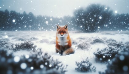 A fox sitting calmly amidst a snowy landscape, with snowflakes gently falling around it. - obrazy, fototapety, plakaty