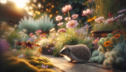 A hedgehog ambling through a garden, surrounded by flowers and soft, evening light. - obrazy, fototapety, plakaty