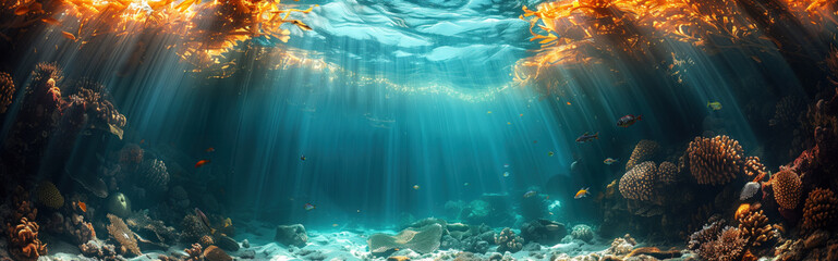 Fototapeta na wymiar A beautiful underwater scene with a lot of fish and coral. The sunlight is shining through the water, creating a serene and peaceful atmosphere