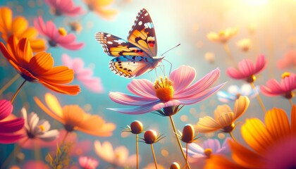 A butterfly landing delicately on a blooming flower in a bright, colorful garden.