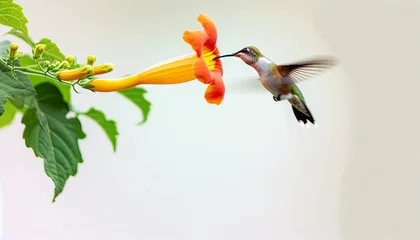 Fotobehang A hummingbird hovering and sipping nectar from a vibrant trumpet vine. © FantasyLand86