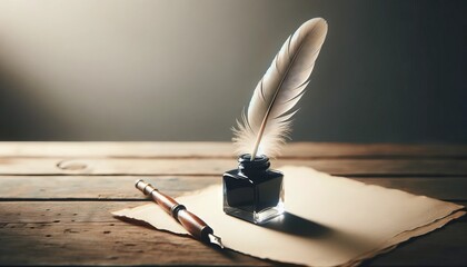 A feather placed in a small ink bottle on a vintage desk.