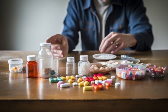 Pharmaceutical pills on floor. Prescription opioids, with bottle of many pills on the table. Concept of addiction, opioid crisis, overdose and medicine shopping. Generative AI.