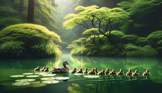 A group of ducklings following their mother through a lush, green pond setting.