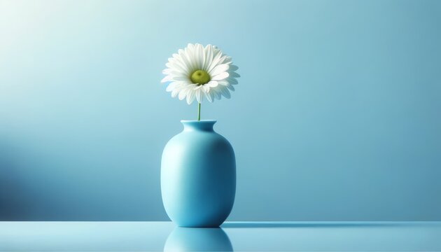 A single daisy in a bright blue vase against a pale blue background.