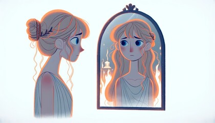 Create a whimsical animated art style image, continuing the style of the previous artworks, depicting Helen reflecting in front of a mirror.