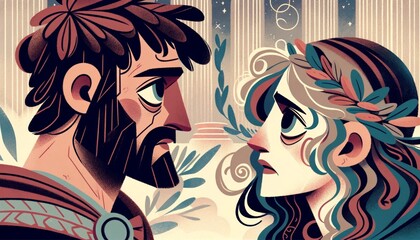 Create a whimsical animated art style image, coherent with the previous images, showcasing the reunion of Helen and Menelaus after the fall of Troy. - obrazy, fototapety, plakaty