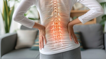 Highlighted spine of woman in pain, digital composite, home environment, healthcare concept - obrazy, fototapety, plakaty