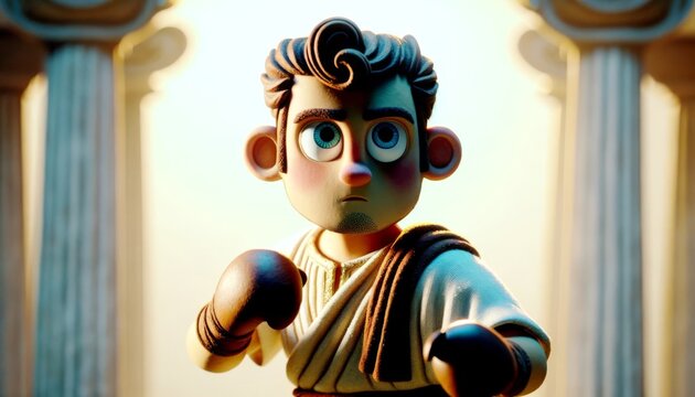 A whimsical and animated art style image showing a medium shot of Pollux in a classic boxing pose, showcasing his divine strength and athletic prowess.