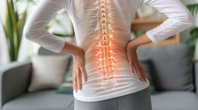 Highlighted spine of woman in pain, digital composite, home environment, healthcare concept
