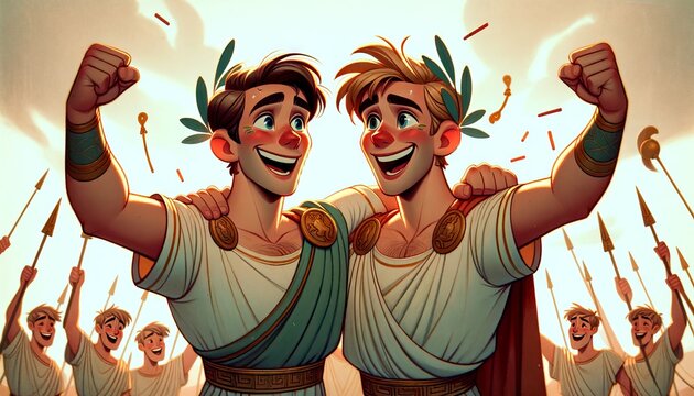 A whimsical animated art style image depicting the Dioscuri, Castor and Pollux, celebrating a victory in athletic competition or battle.