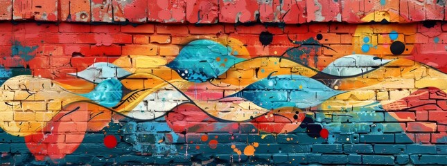 Abstract urban mural with undulating waves of bold, colorful patterns creating a dynamic visual flow.