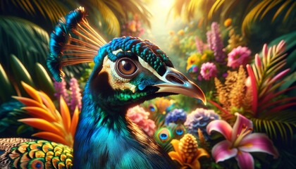 Obraz premium A close-up, high-quality scene focusing on the head and upper body of a majestic peacock in a tropical setting.
