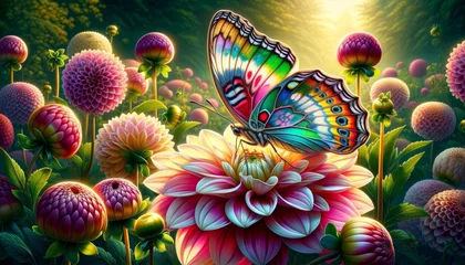 Fotobehang A detailed and high-quality scene of a delicate butterfly perched on a brightly colored dahlia flower in full bloom. © FantasyLand86