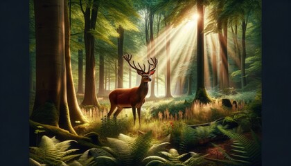 A high-quality, detailed scene showing a majestic deer standing in a lush forest clearing, with sunlight filtering through the dense canopy of leaves.