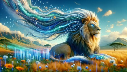 A detailed and high-quality whimsical animated art scene featuring a lion with a mane that flows into digital streams of code, specifically 0s. - obrazy, fototapety, plakaty