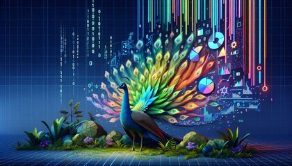 A detailed and high-quality whimsical animated art scene featuring a peacock with feathers that display various colorful graphs and charts.