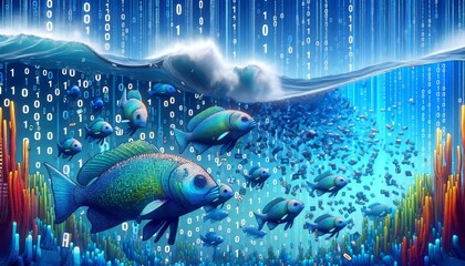 A detailed and high-quality whimsical animated art scene featuring a school of fish made of liquid crystal, swimming in a sea of binary numbers.