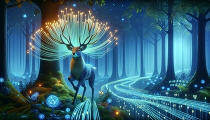 A detailed and high-quality whimsical animated art scene featuring a deer with antlers that branch out into fiber optic cables.