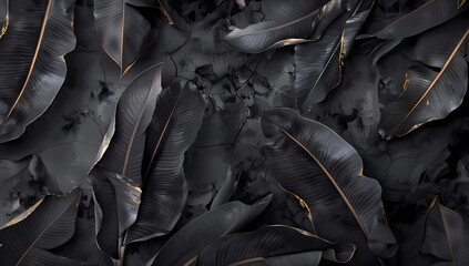 a black seamless pattern with the leaves of a banana - obrazy, fototapety, plakaty