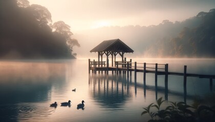 A serene image featuring a small wooden pier extending into a misty lake at dawn. - obrazy, fototapety, plakaty