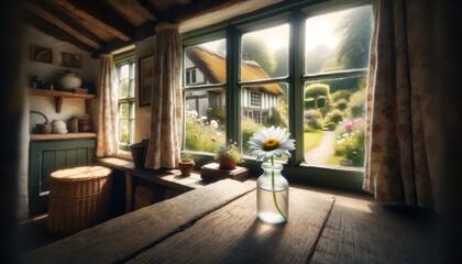 A single daisy in a small bottle, placed on the windowsill of a cozy cottage.