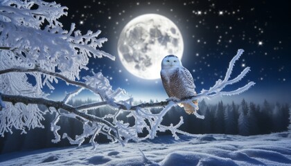 A snowy owl perched on a frost-covered tree with the full moon rising in the background.