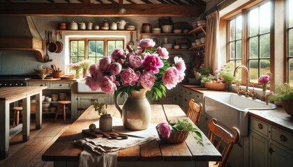 A bunch of peonies in a ceramic jug on a farmhouse kitchen table.