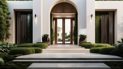 Stunning entrance of your modern villa, featuring sleek Italian architecture, a cascading waterfall, and lush greenery leading up to the front door