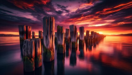 A row of weathered wooden dock pilings against a backdrop of a dramatic sunset.