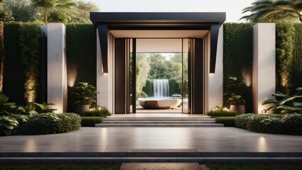 Stunning entrance of your modern villa, featuring sleek Italian architecture, a cascading waterfall, and lush greenery leading up to the front door