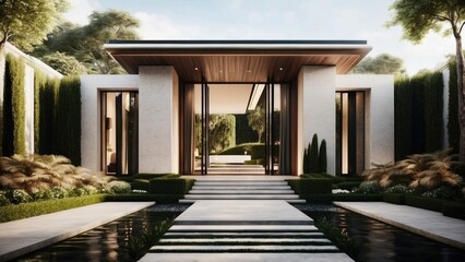 Stunning entrance of your modern villa, featuring sleek Italian architecture, a cascading waterfall, and lush greenery leading up to the front door