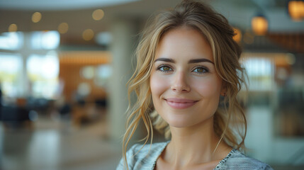 Smiling beautiful elegant businesswoman standing in a modern business office tower. bright white tone. bright white tone.