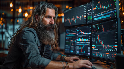Handsome long-haired bearded manager working at a desk in creative office, using multi monitors with a Stock Market graphs dashboard.