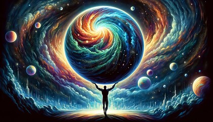 A whimsical, animated depiction of a cosmic Atlas, where the celestial sphere he holds is depicted as a swirling galaxy or nebula.