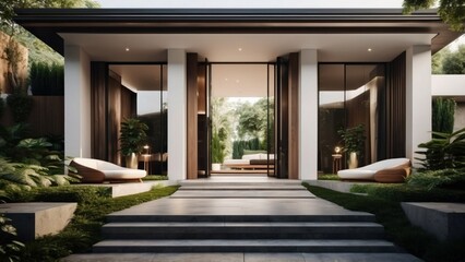 Stunning entrance of your modern villa, featuring sleek Italian architecture, a cascading waterfall, and lush greenery leading up to the front door
